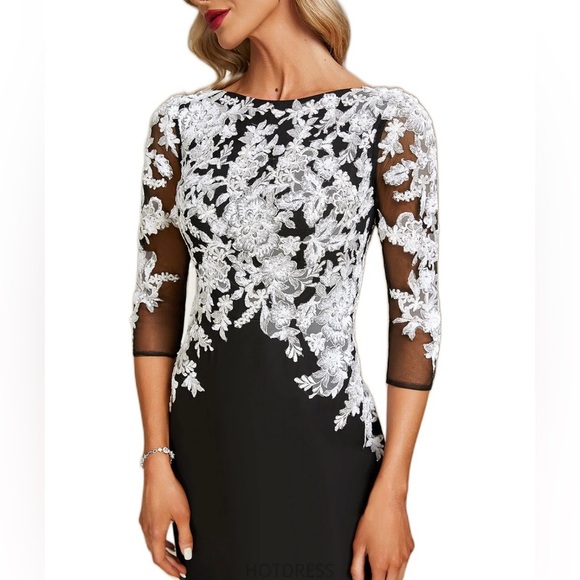 Aubrie Sheath/Column Boat Neck Floor Length Lace Chiffon Evening Dress w/Sequins - Picture 3 of 8